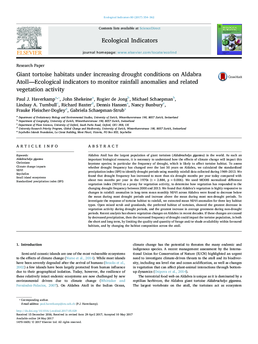 Research PaperGiant tortoise habitats under increasing drought conditions on Aldabra Atoll-Ecological indicators to monitor rainfall anomalies and related vegetation activity