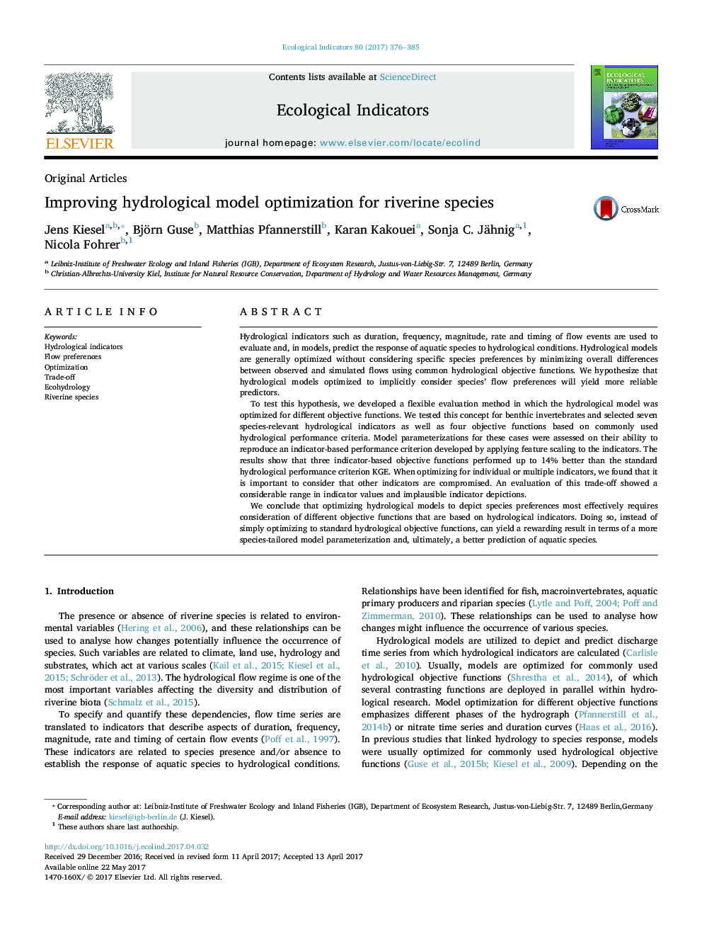 Original ArticlesImproving hydrological model optimization for riverine species