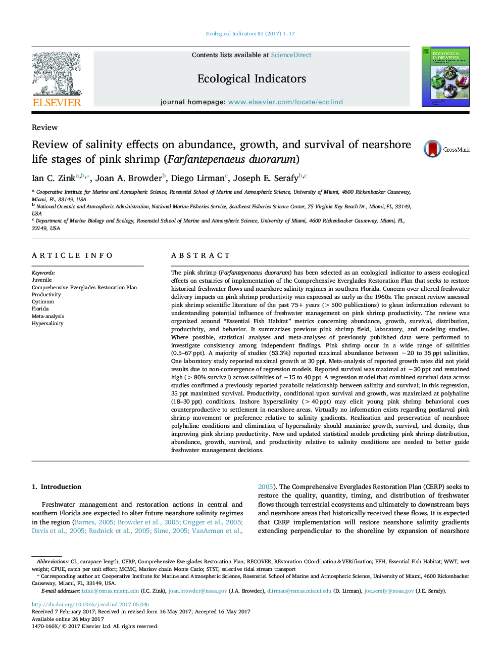 ReviewReview of salinity effects on abundance, growth, and survival of nearshore life stages of pink shrimp (Farfantepenaeus duorarum)