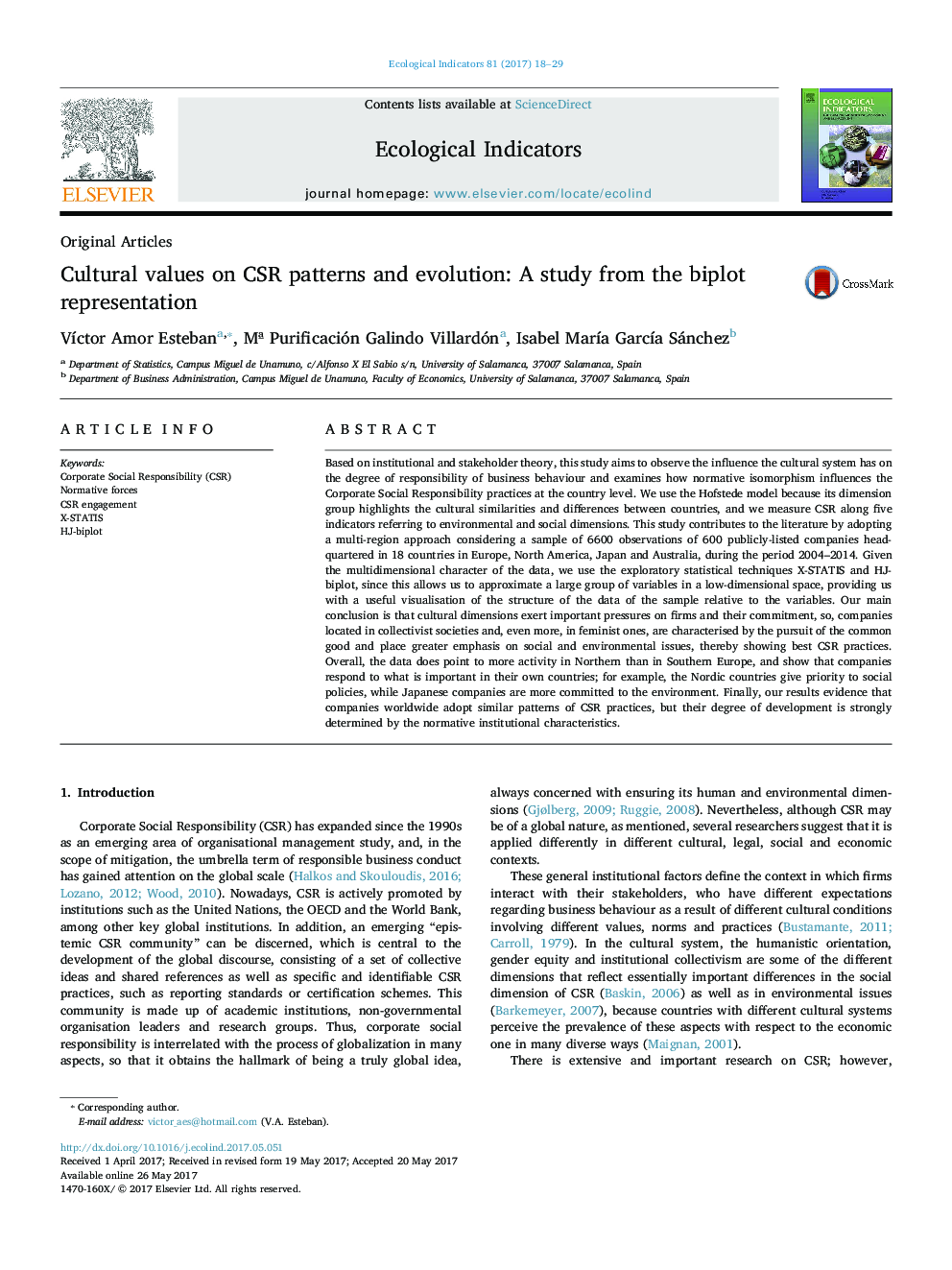 Original ArticlesCultural values on CSR patterns and evolution: A study from the biplot representation