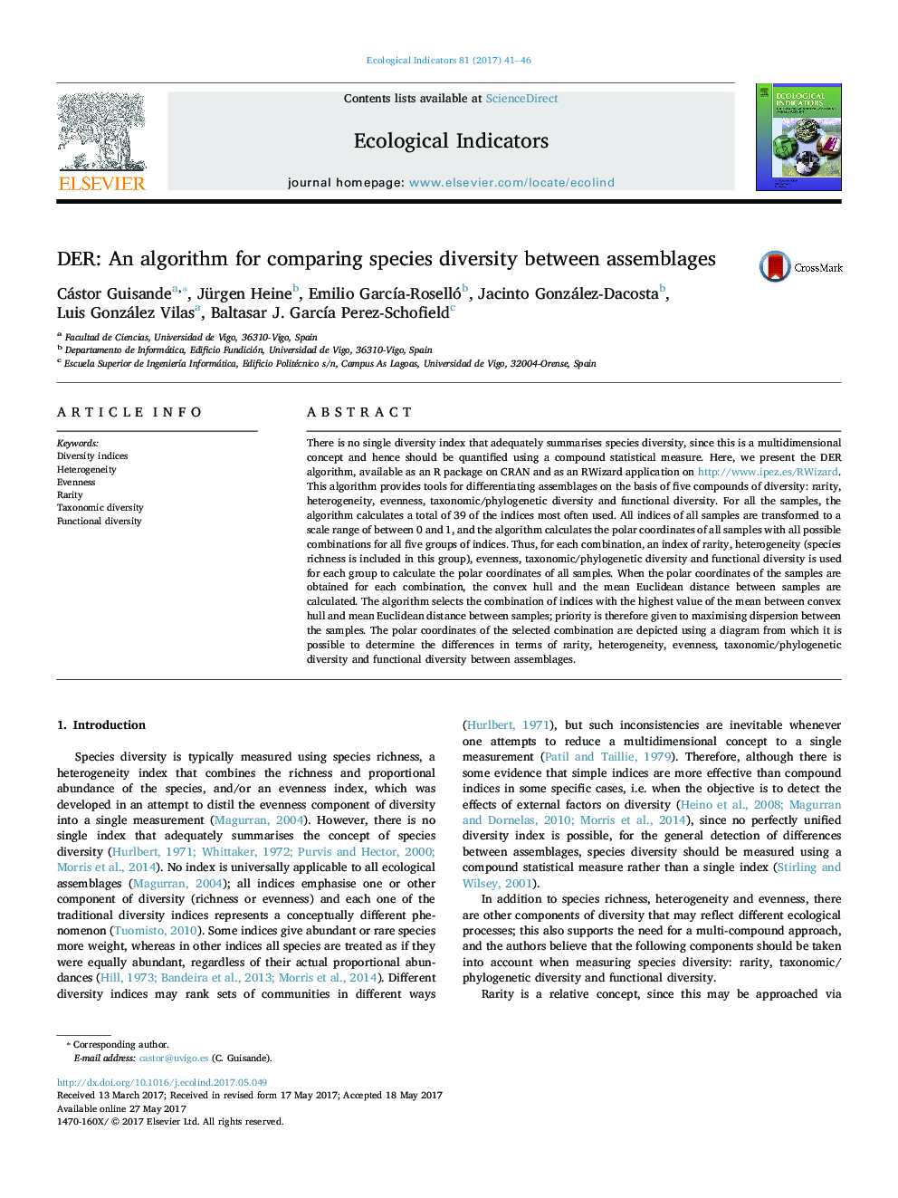 DER: An algorithm for comparing species diversity between assemblages