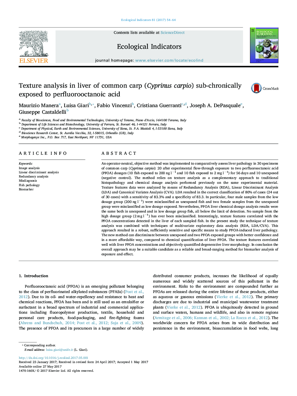 Texture analysis in liver of common carp (Cyprinus carpio) sub-chronically exposed to perfluorooctanoic acid
