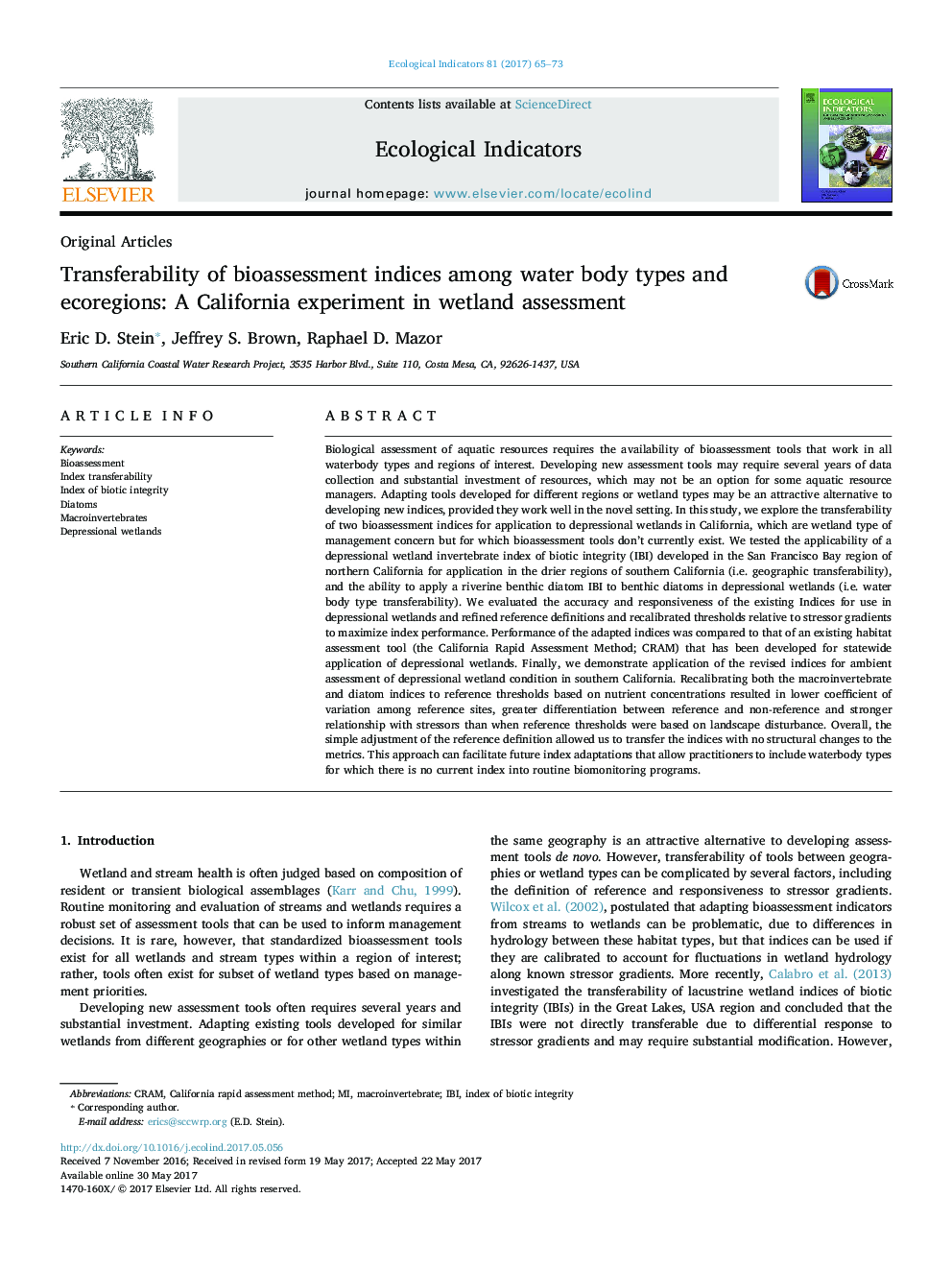مقالات اصلی انتقال قابلیت های شاخص های زیست سنجی در بین انواع و اقلیم های آب های زیرزمینی: آزمایش کالیفرنیا در ارزیابی تالاب 