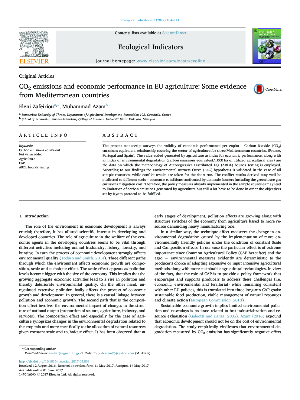 Original ArticlesCO2 emissions and economic performance in EU agriculture: Some evidence from Mediterranean countries