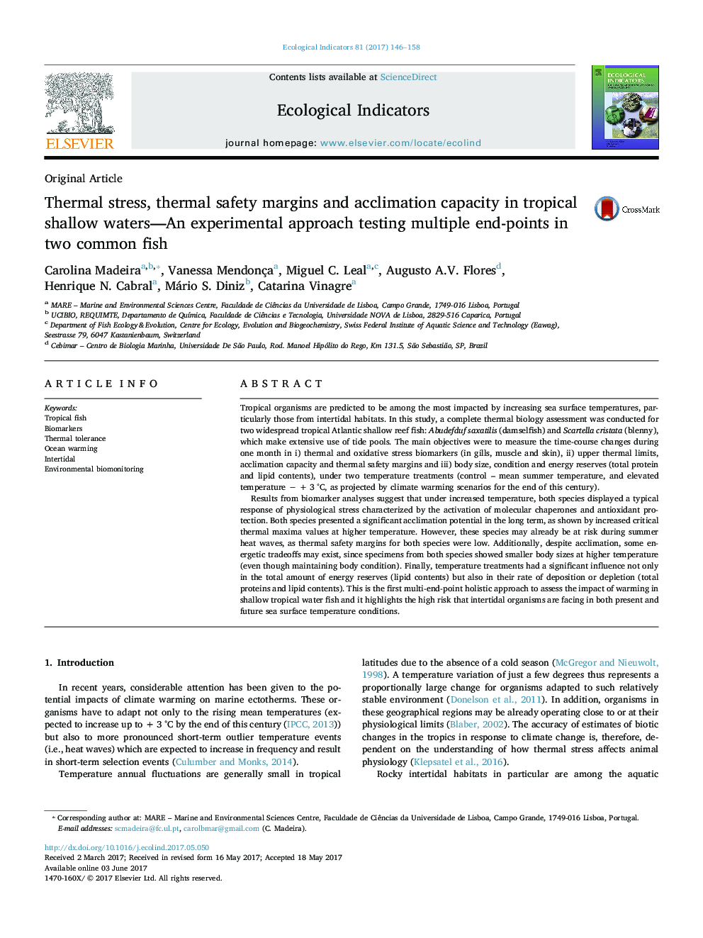 Original ArticleThermal stress, thermal safety margins and acclimation capacity in tropical shallow waters-An experimental approach testing multiple end-points in two common fish