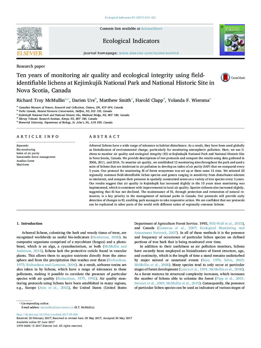 Research paperTen years of monitoring air quality and ecological integrity using field-identifiable lichens at Kejimkujik National Park and National Historic Site in Nova Scotia, Canada