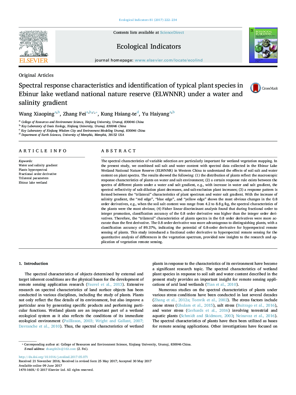 Original ArticlesSpectral response characteristics and identification of typical plant species in Ebinur lake wetland national nature reserve (ELWNNR) under a water and salinity gradient