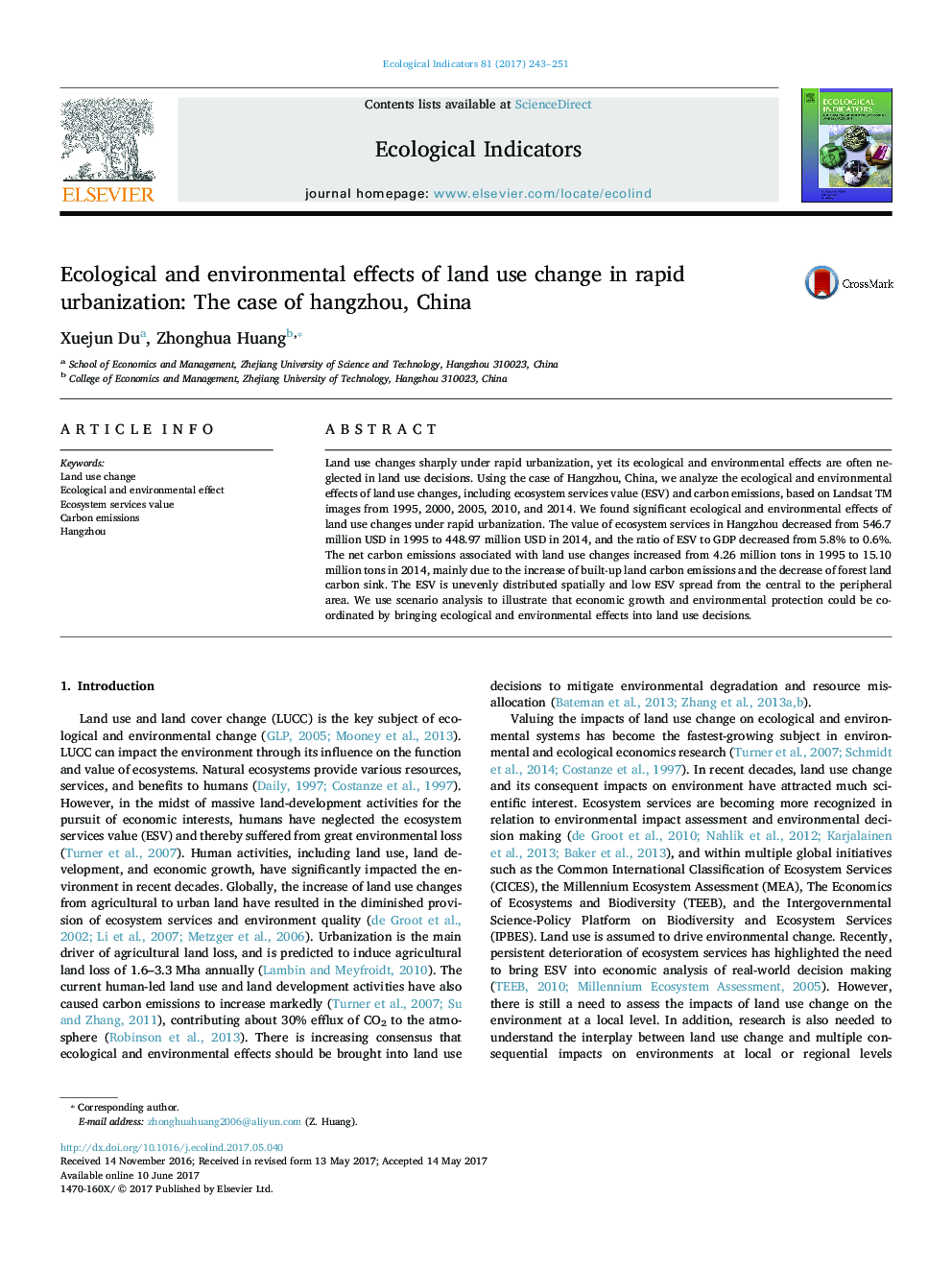 Ecological and environmental effects of land use change in rapid urbanization: The case of hangzhou, China