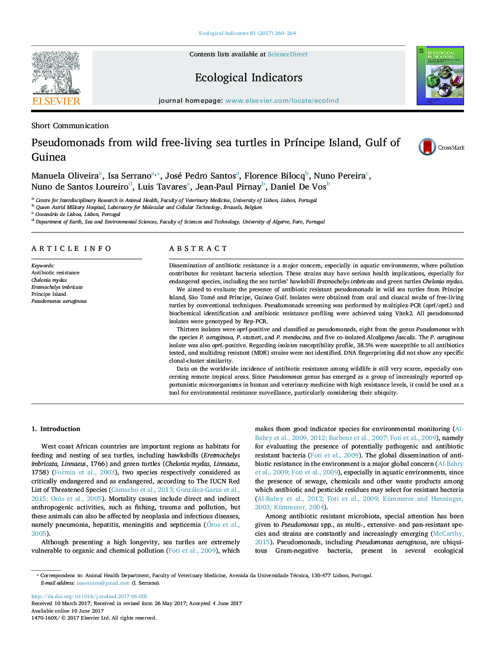 Short CommunicationPseudomonads from wild free-living sea turtles in PrÃ­ncipe Island, Gulf of Guinea