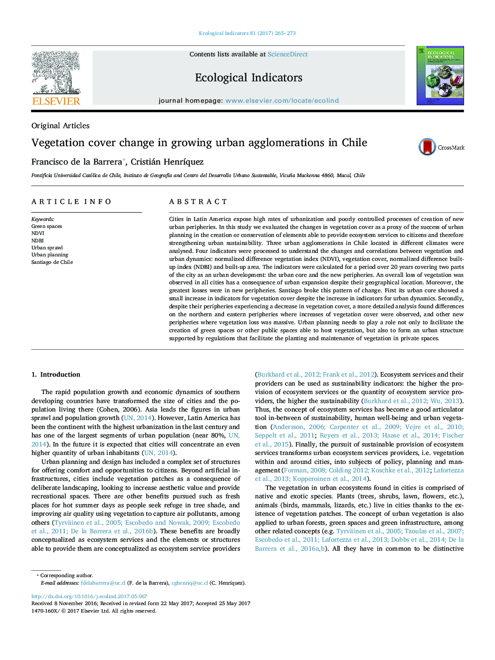 Vegetation cover change in growing urban agglomerations in Chile