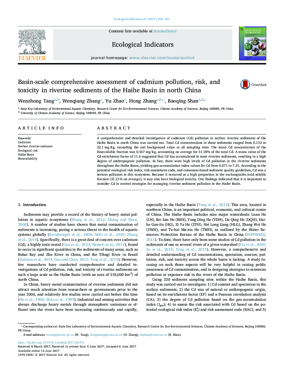 Basin-scale comprehensive assessment of cadmium pollution, risk, and toxicity in riverine sediments of the Haihe Basin in north China