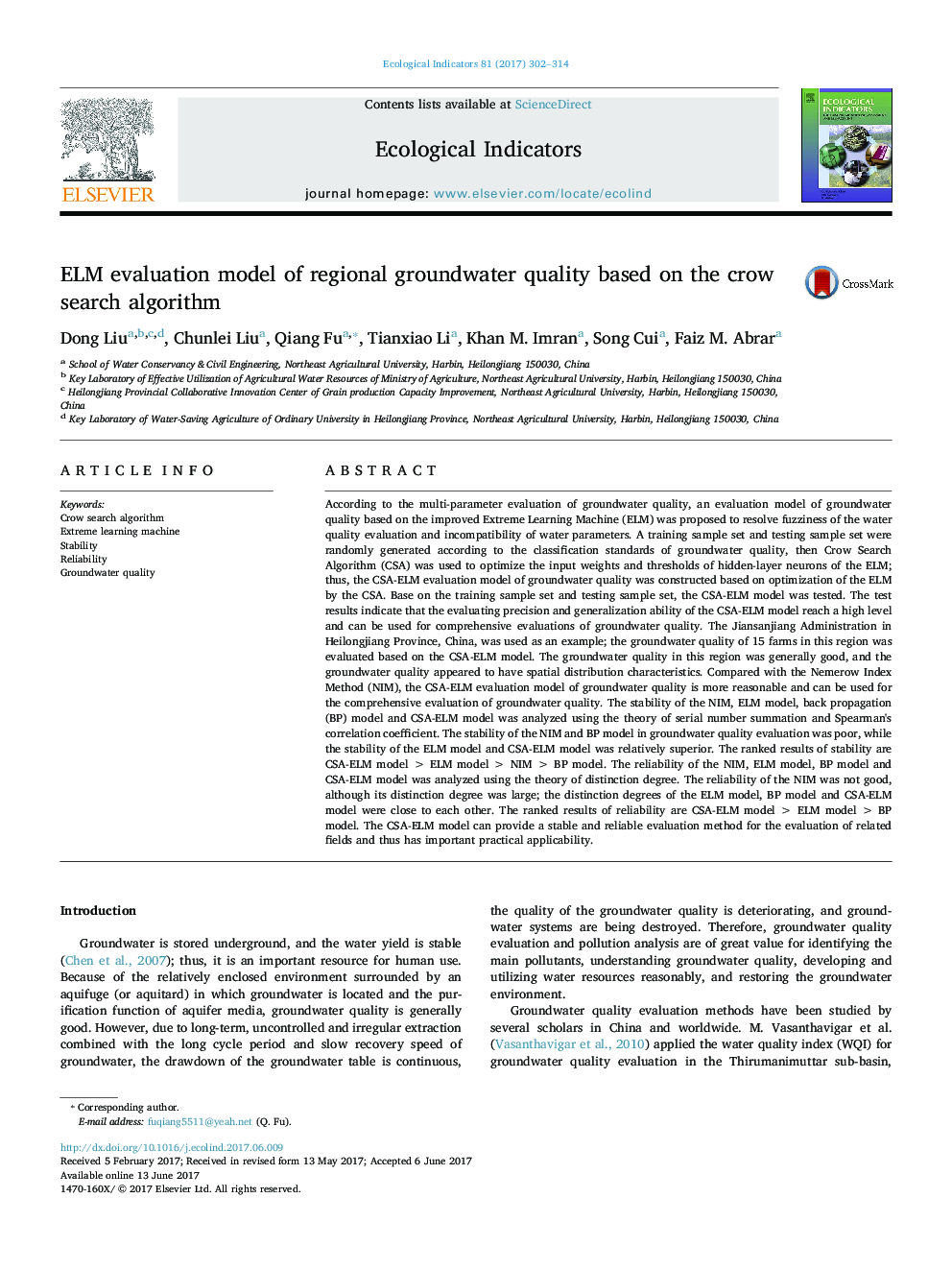 ELM evaluation model of regional groundwater quality based on the crow search algorithm