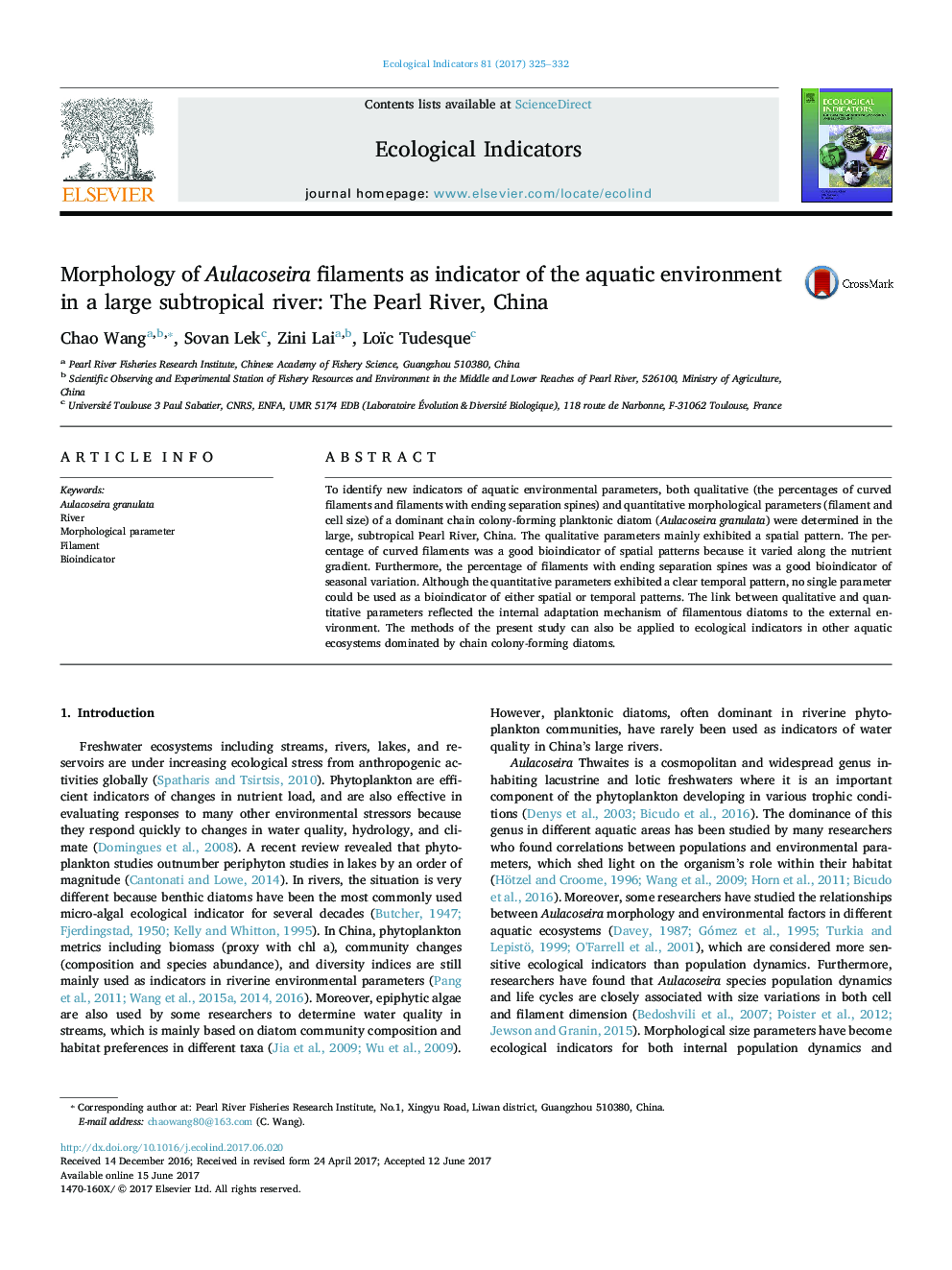 Morphology of Aulacoseira filaments as indicator of the aquatic environment in a large subtropical river: The Pearl River, China