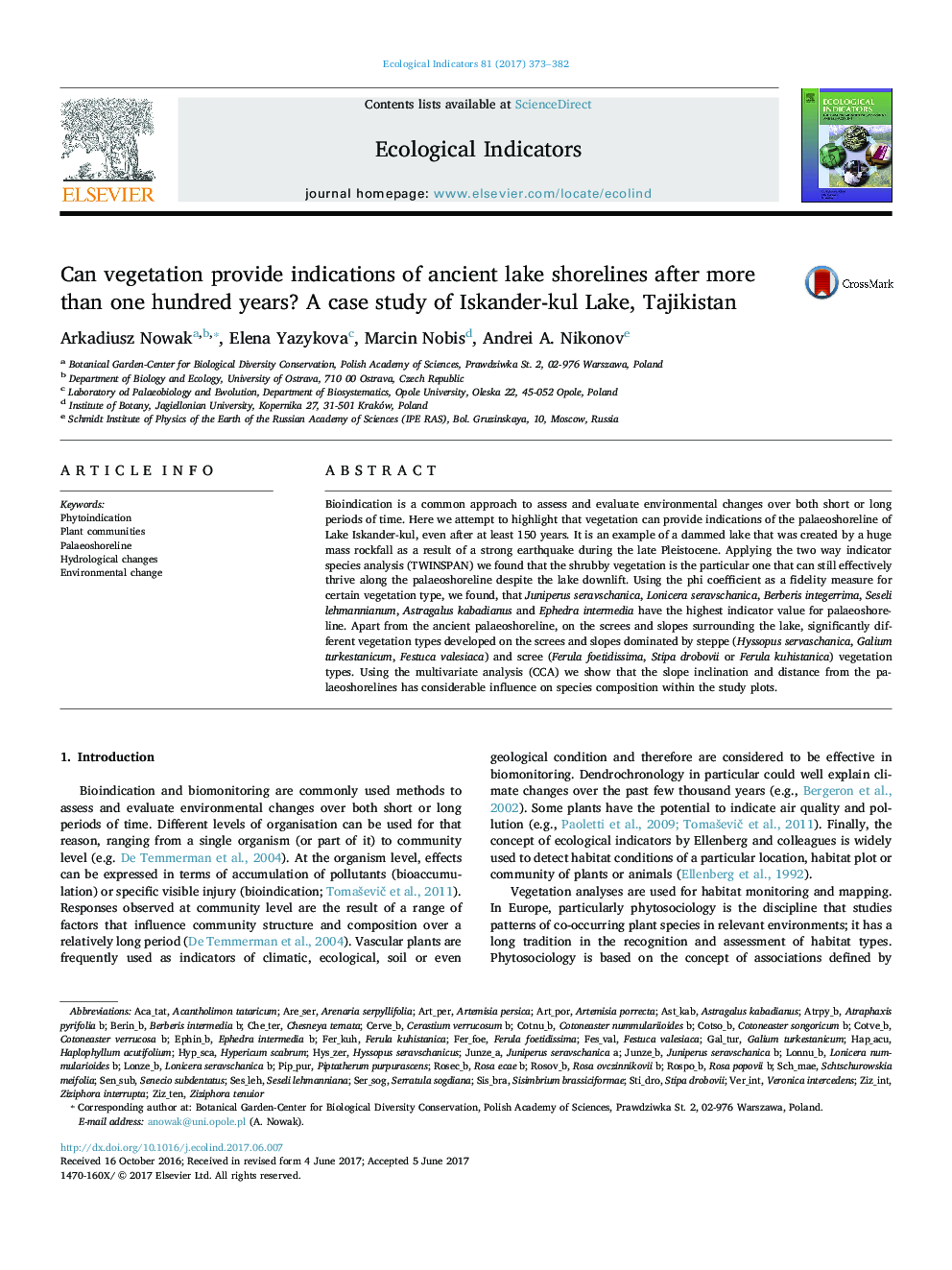 Can vegetation provide indications of ancient lake shorelines after more than one hundred years? A case study of Iskander-kul Lake, Tajikistan