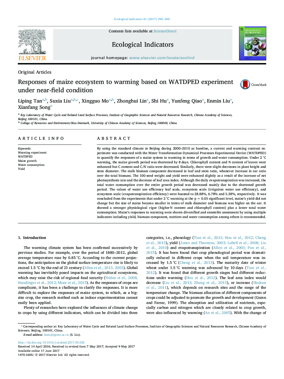 Original ArticlesResponses of maize ecosystem to warming based on WATDPED experiment under near-field condition