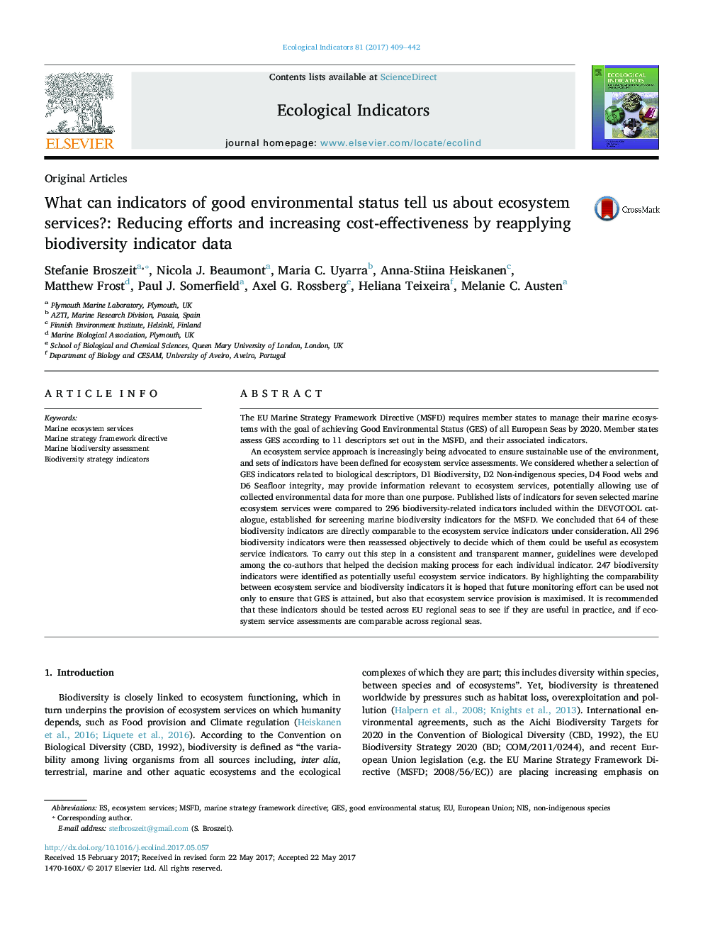 Original ArticlesWhat can indicators of good environmental status tell us about ecosystem services?: Reducing efforts and increasing cost-effectiveness by reapplying biodiversity indicator data