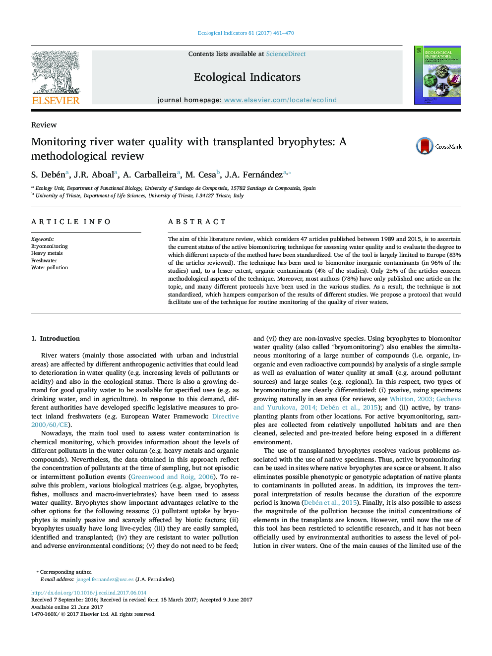 ReviewMonitoring river water quality with transplanted bryophytes: A methodological review