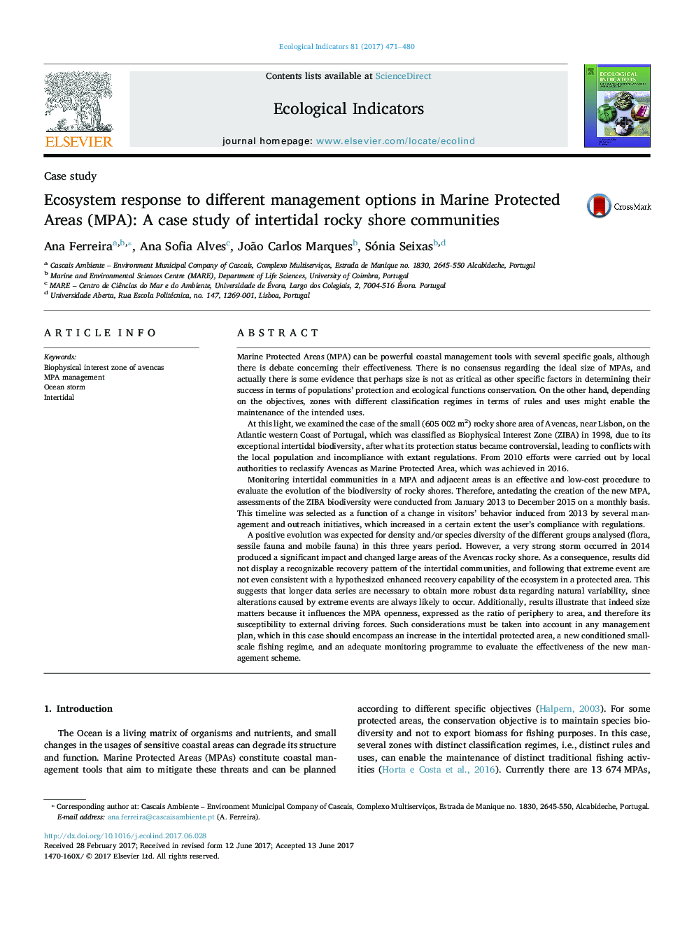 Ecosystem response to different management options in Marine Protected Areas (MPA): A case study of intertidal rocky shore communities