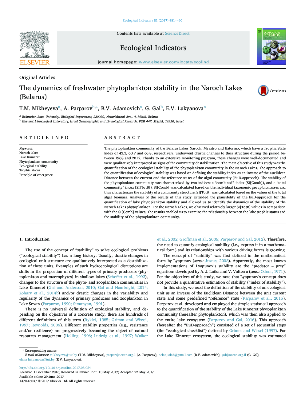 Original ArticlesThe dynamics of freshwater phytoplankton stability in the Naroch Lakes (Belarus)