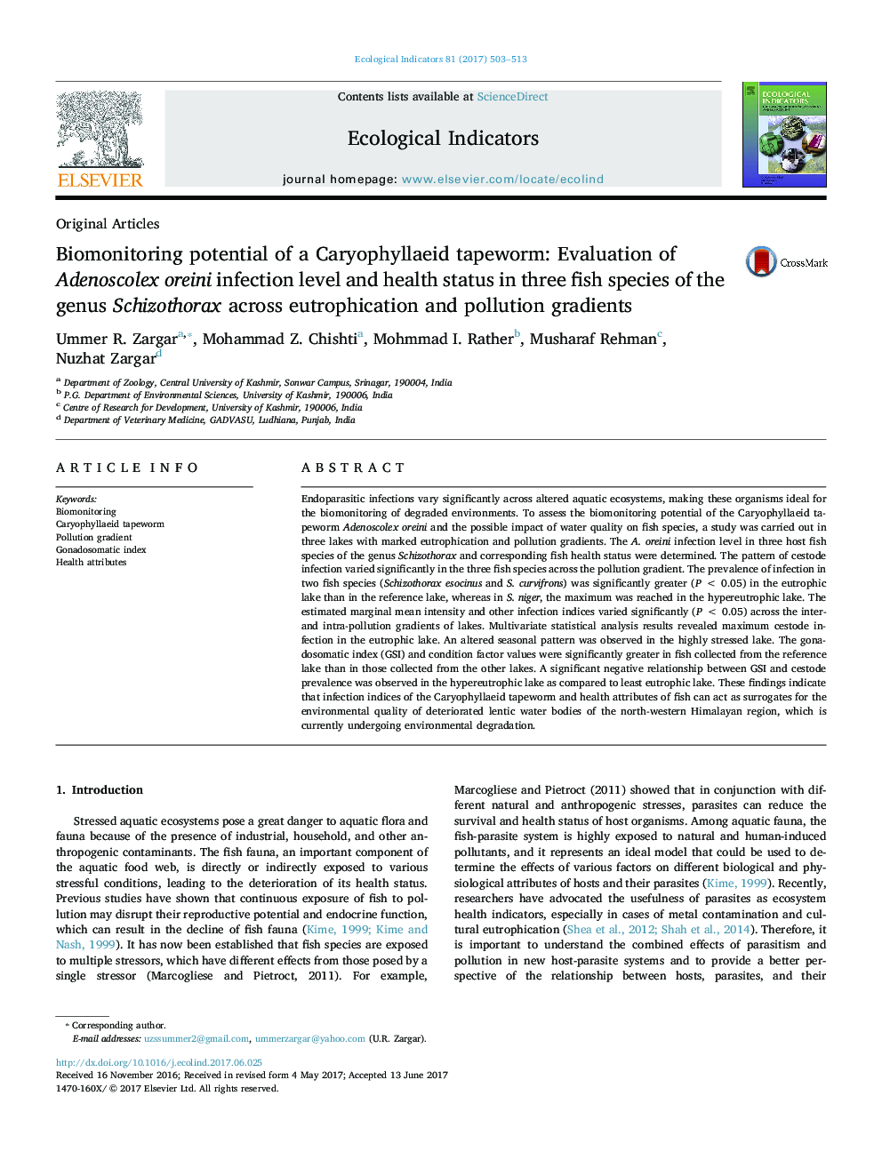 Biomonitoring potential of a Caryophyllaeid tapeworm: Evaluation of Adenoscolex oreini infection level and health status in three fish species of the genus Schizothorax across eutrophication and pollution gradients