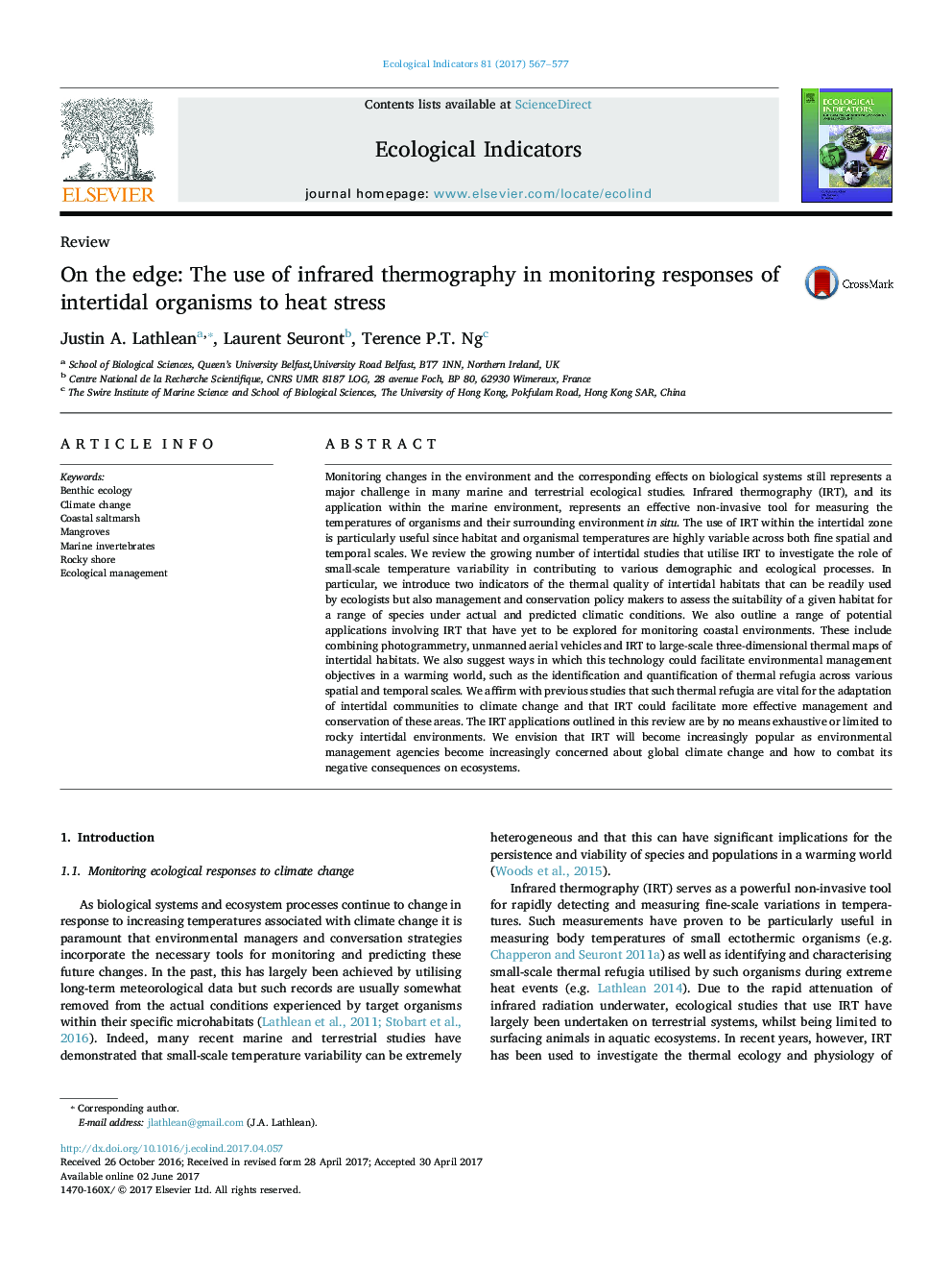 ReviewOn the edge: The use of infrared thermography in monitoring responses of intertidal organisms to heat stress