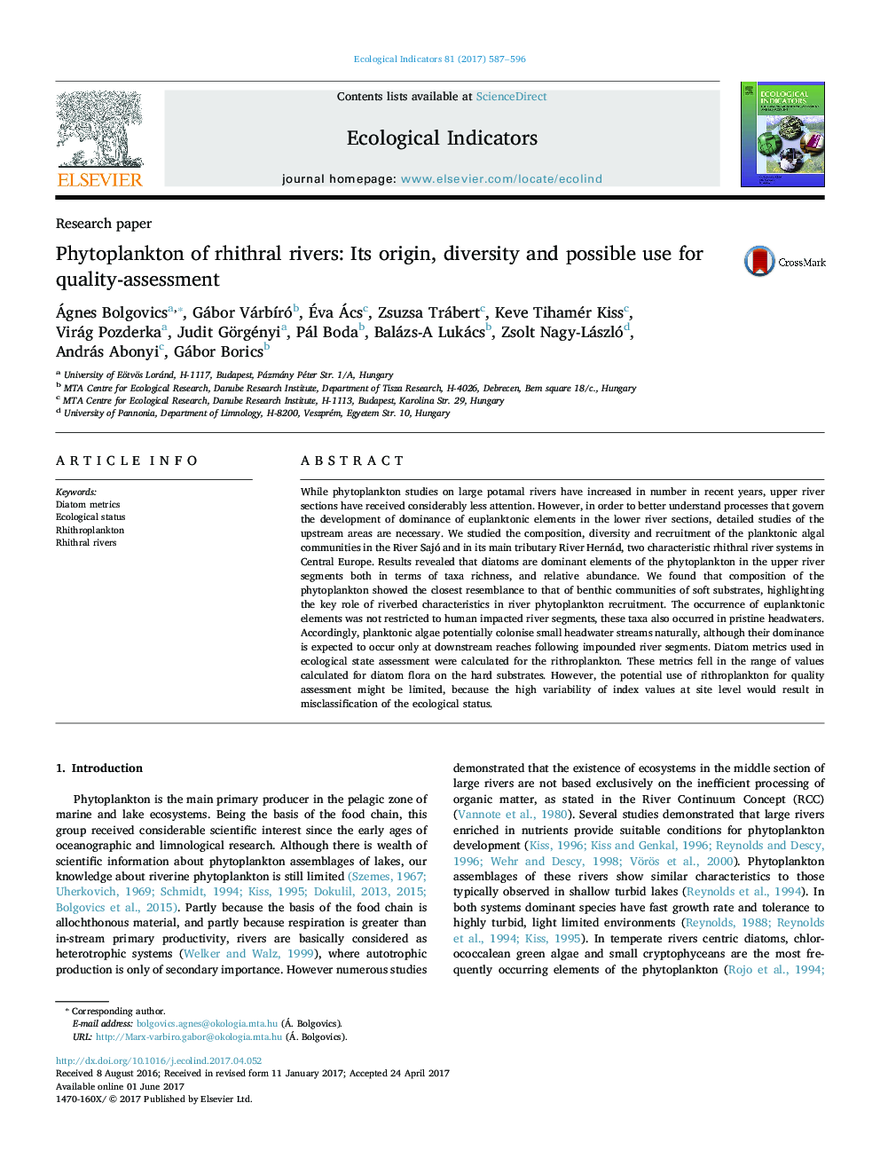 Research paperPhytoplankton of rhithral rivers: Its origin, diversity and possible use for quality-assessment