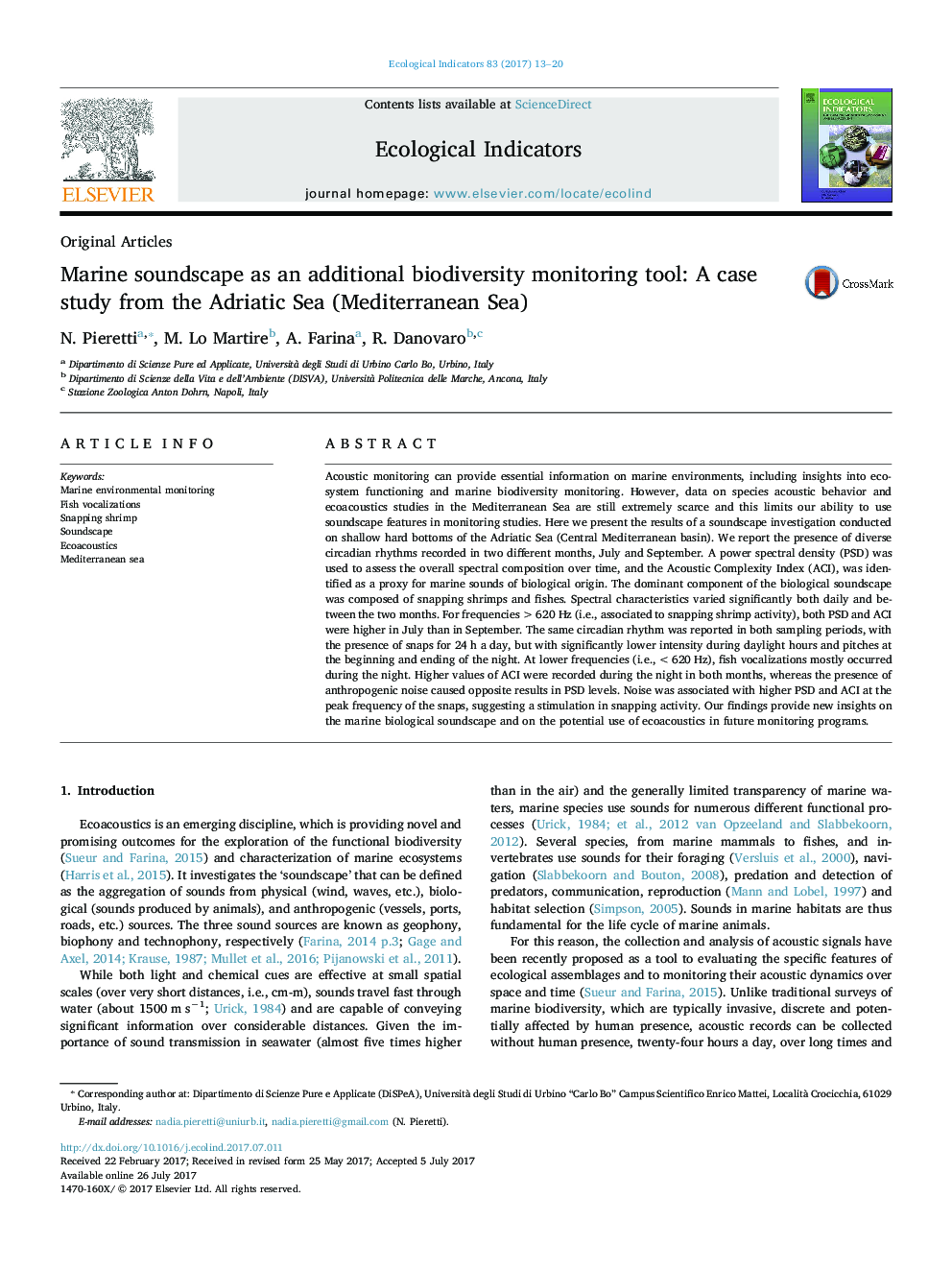 Original ArticlesMarine soundscape as an additional biodiversity monitoring tool: A case study from the Adriatic Sea (Mediterranean Sea)