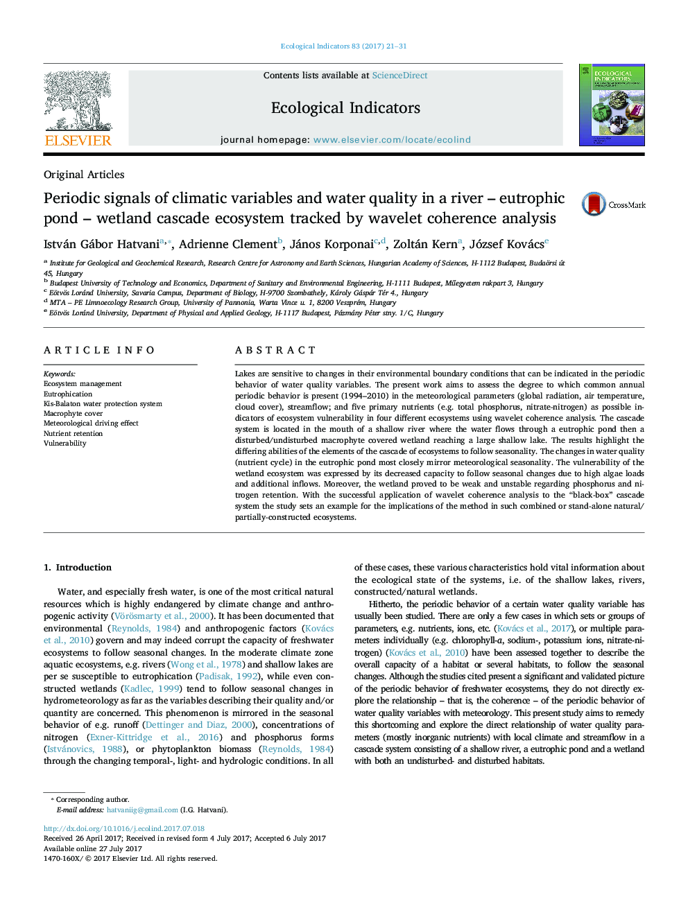 Original ArticlesPeriodic signals of climatic variables and water quality in a river - eutrophic pond - wetland cascade ecosystem tracked by wavelet coherence analysis