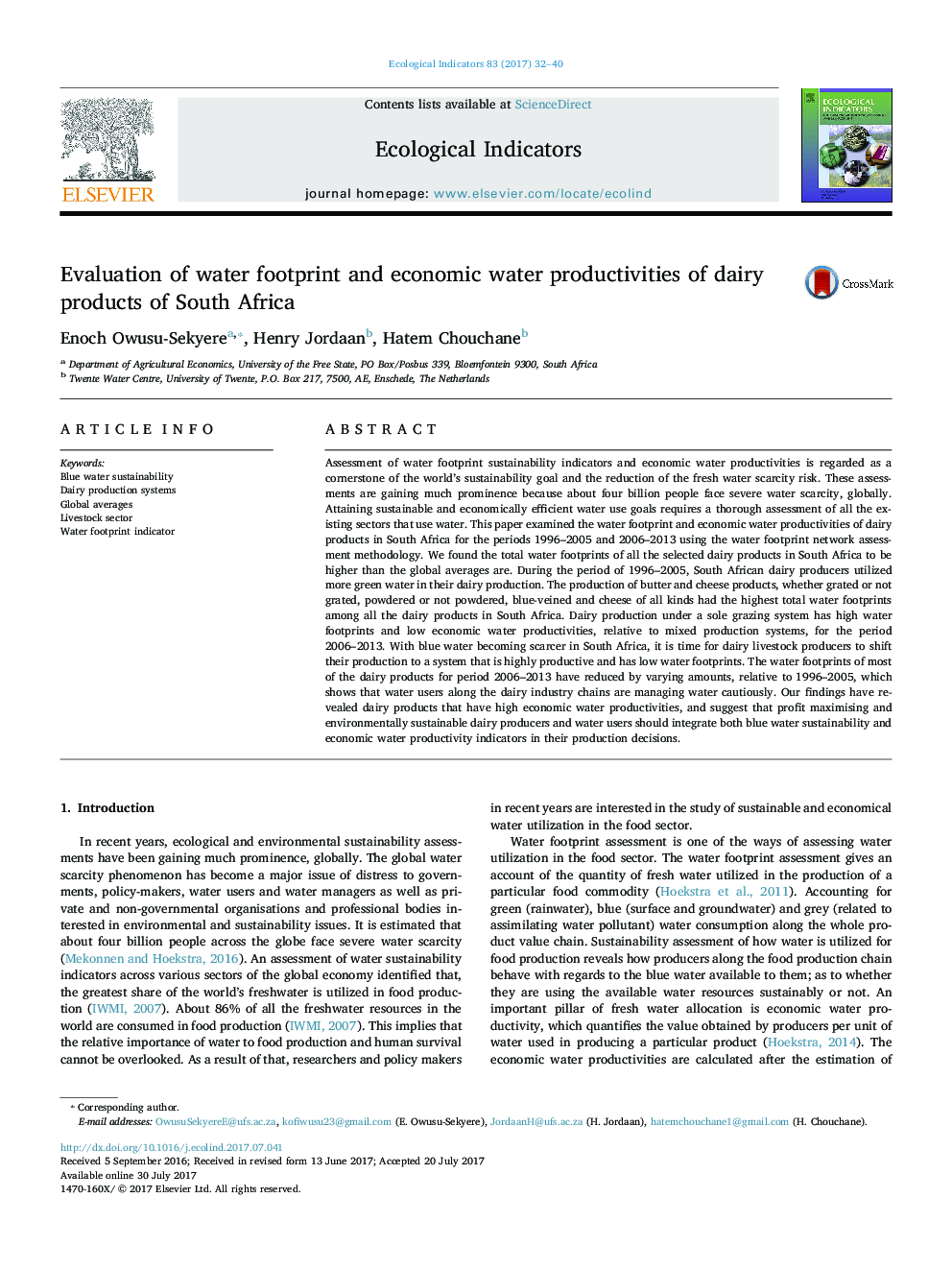 Evaluation of water footprint and economic water productivities of dairy products of South Africa