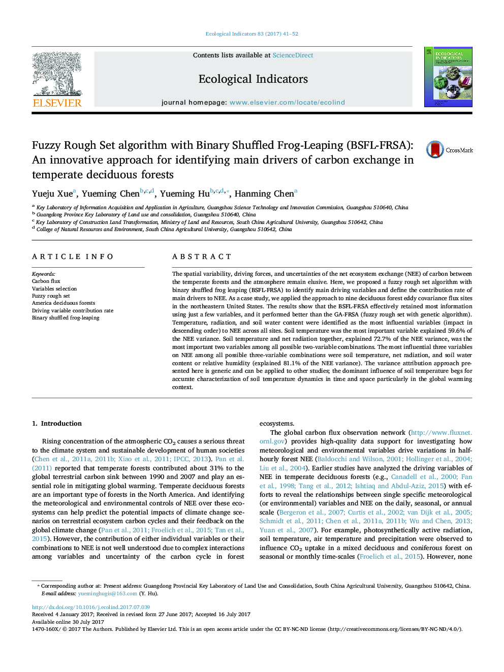 Fuzzy Rough Set algorithm with Binary Shuffled Frog-Leaping (BSFL-FRSA): An innovative approach for identifying main drivers of carbon exchange in temperate deciduous forests