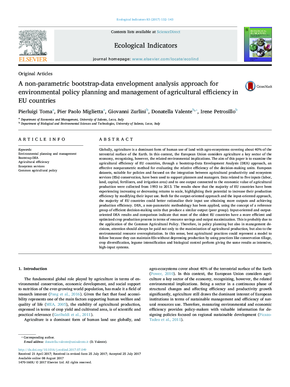 Original ArticlesA non-parametric bootstrap-data envelopment analysis approach for environmental policy planning and management of agricultural efficiency in EU countries