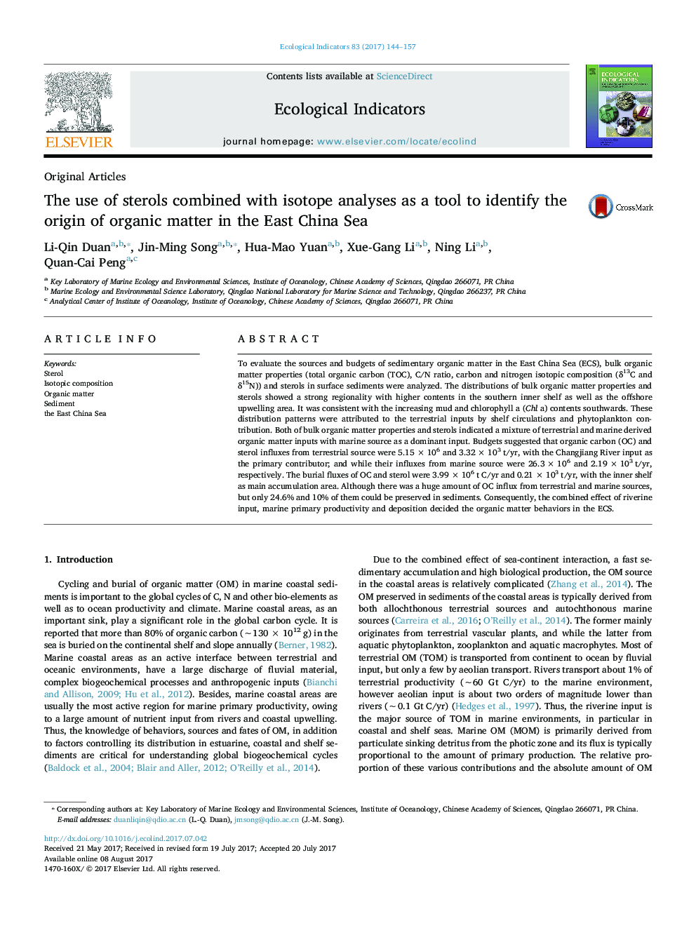 Original ArticlesThe use of sterols combined with isotope analyses as a tool to identify the origin of organic matter in the East China Sea