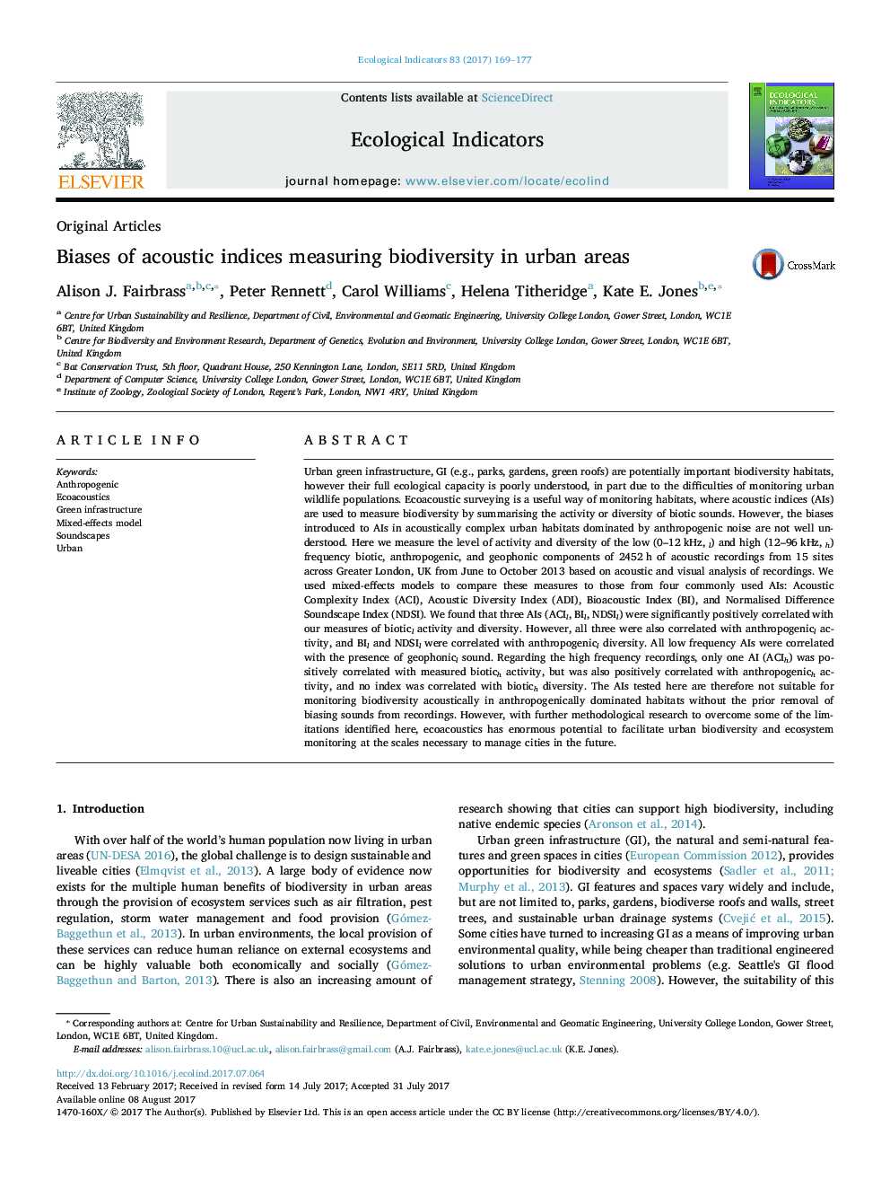 Original ArticlesBiases of acoustic indices measuring biodiversity in urban areas