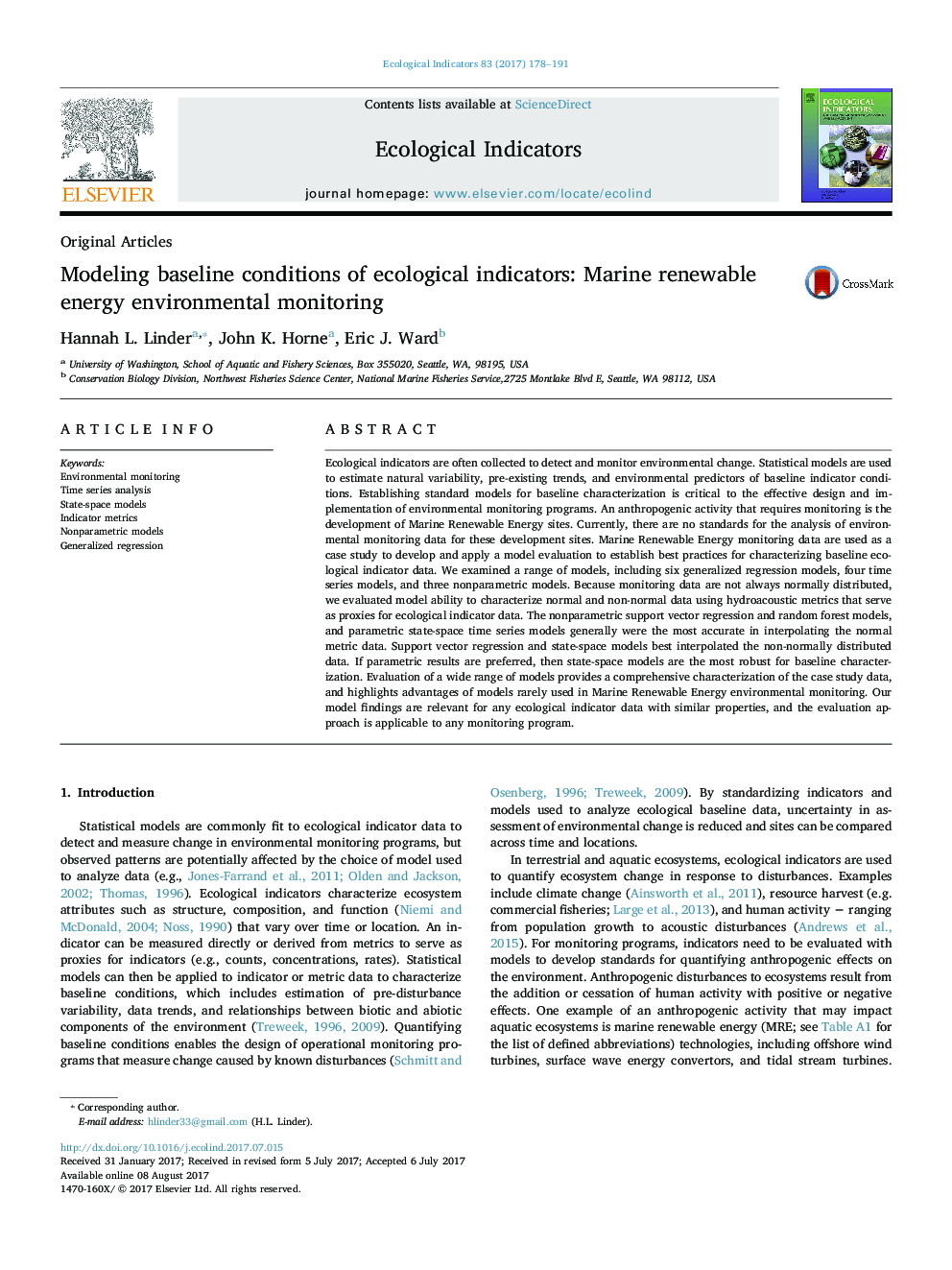 Original ArticlesModeling baseline conditions of ecological indicators: Marine renewable energy environmental monitoring