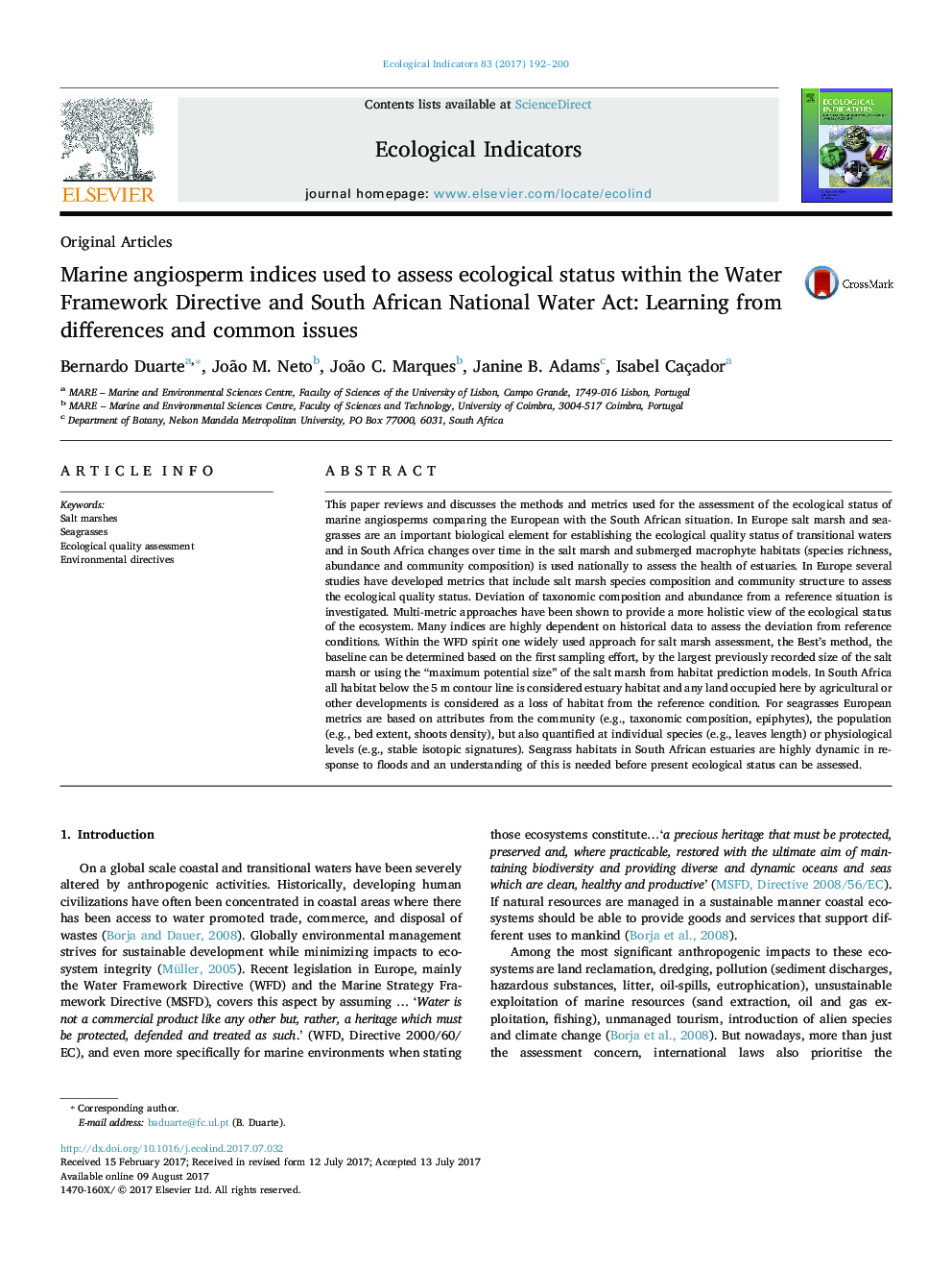 Original ArticlesMarine angiosperm indices used to assess ecological status within the Water Framework Directive and South African National Water Act: Learning from differences and common issues