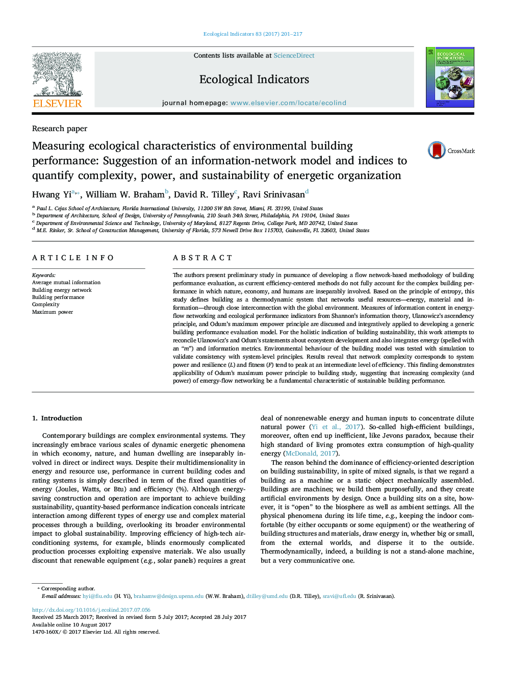 Research paperMeasuring ecological characteristics of environmental building performance: Suggestion of an information-network model and indices to quantify complexity, power, and sustainability of energetic organization