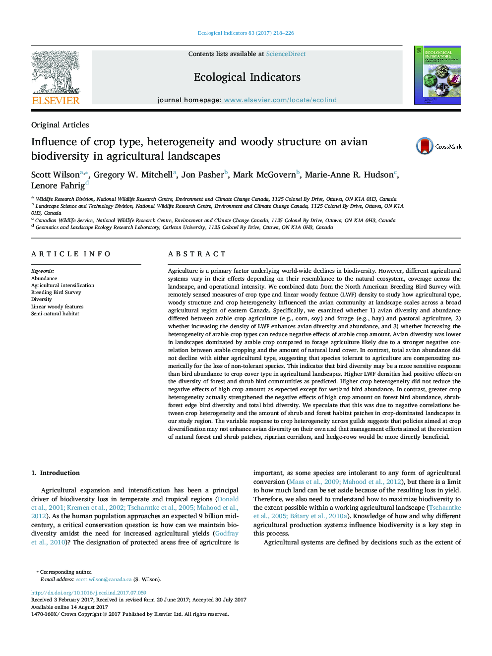 Original ArticlesInfluence of crop type, heterogeneity and woody structure on avian biodiversity in agricultural landscapes