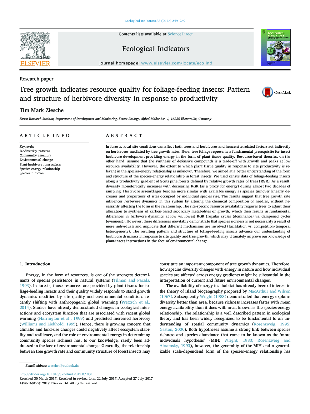 Research paperTree growth indicates resource quality for foliage-feeding insects: Pattern and structure of herbivore diversity in response to productivity