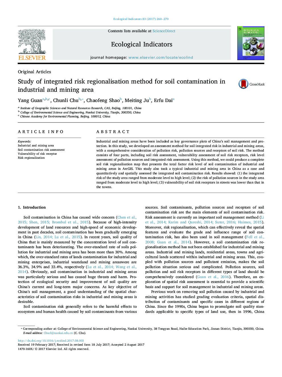 Original ArticlesStudy of integrated risk regionalisation method for soil contamination in industrial and mining area