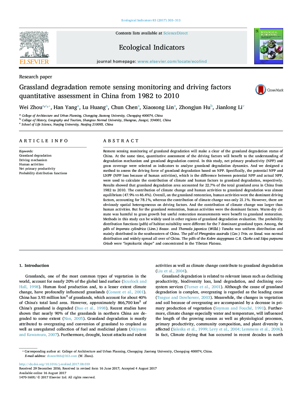 Research paperGrassland degradation remote sensing monitoring and driving factors quantitative assessment in China from 1982 to 2010