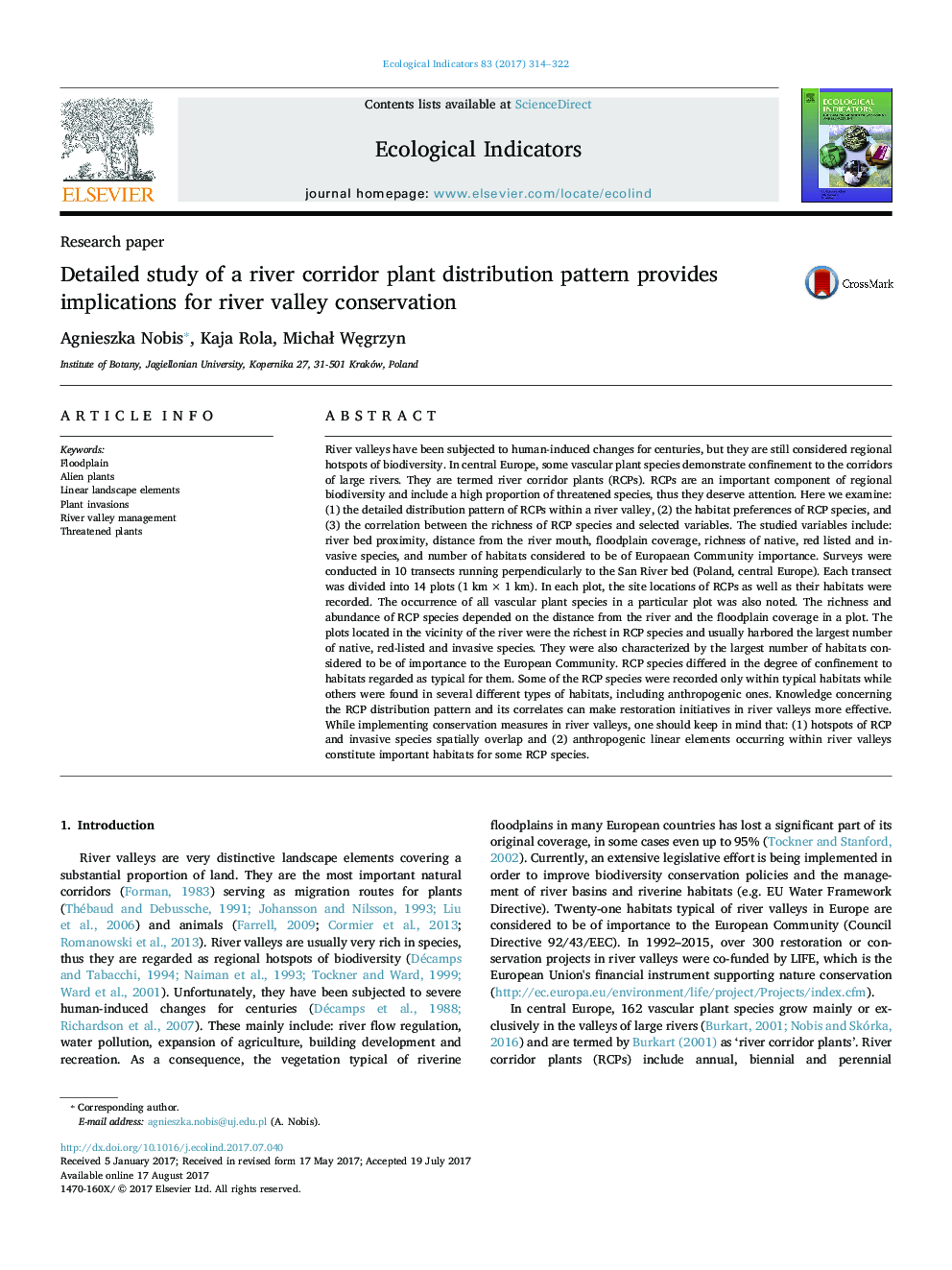 Research paperDetailed study of a river corridor plant distribution pattern provides implications for river valley conservation