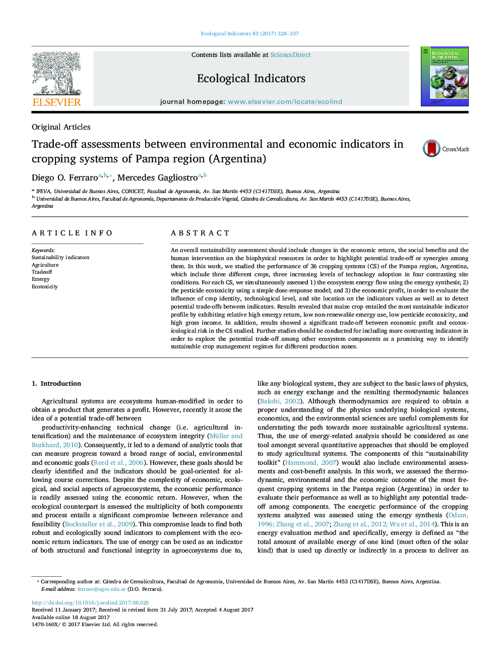 Original ArticlesTrade-off assessments between environmental and economic indicators in cropping systems of Pampa region (Argentina)