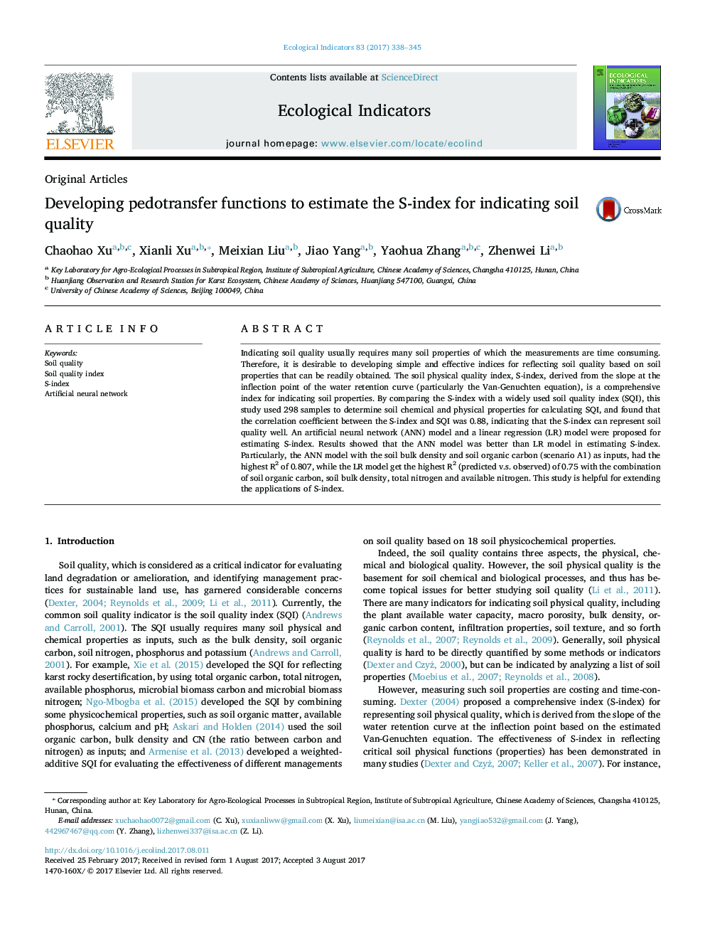 Developing pedotransfer functions to estimate the S-index for indicating soil quality