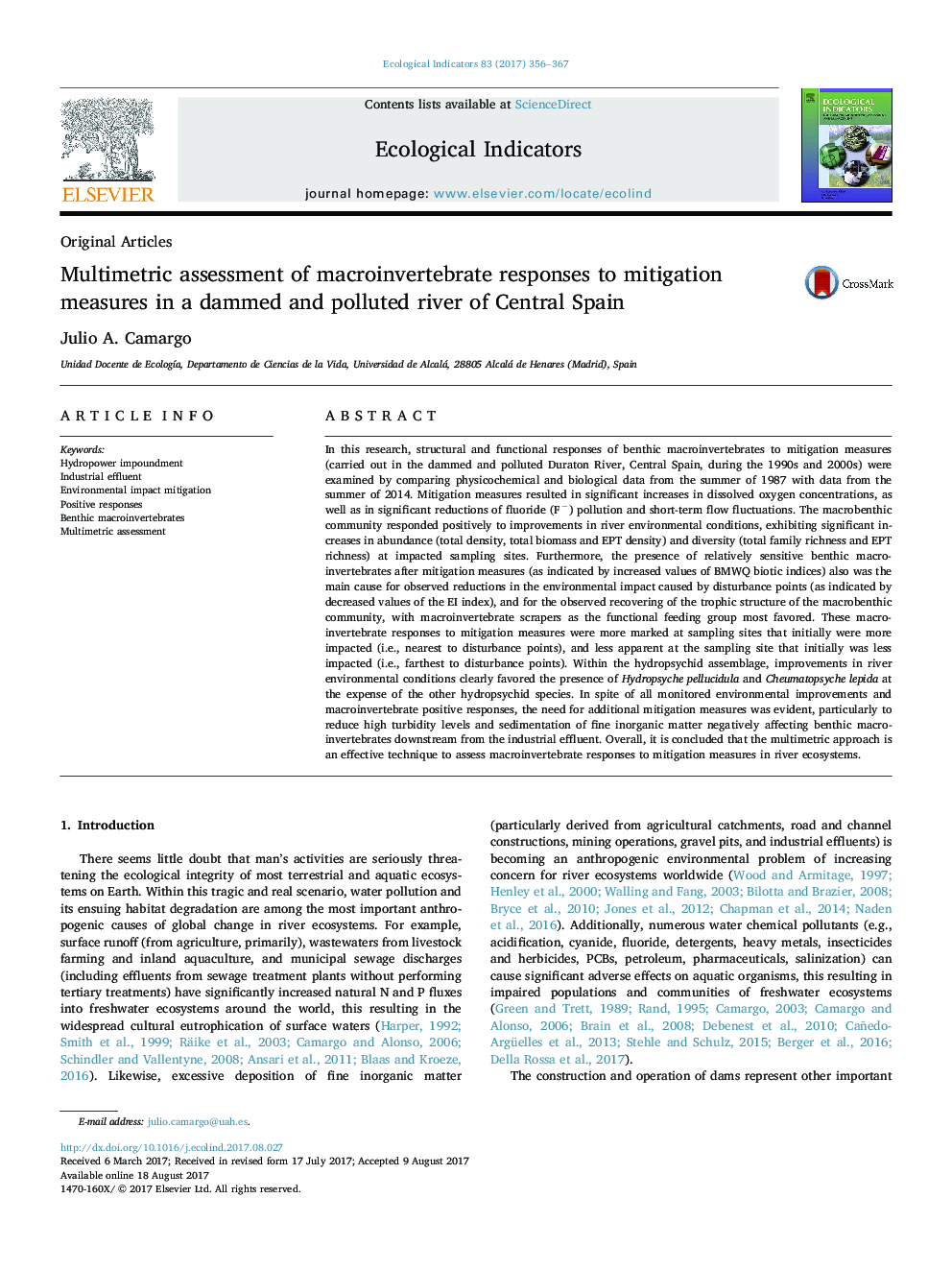 Original ArticlesMultimetric assessment of macroinvertebrate responses to mitigation measures in a dammed and polluted river of Central Spain