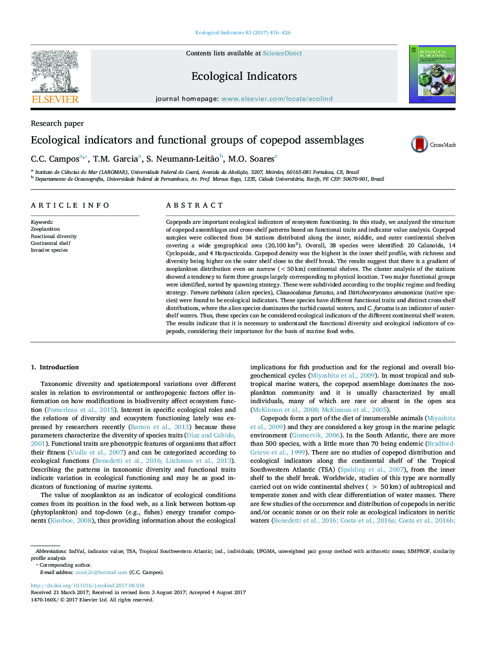 Research paperEcological indicators and functional groups of copepod assemblages