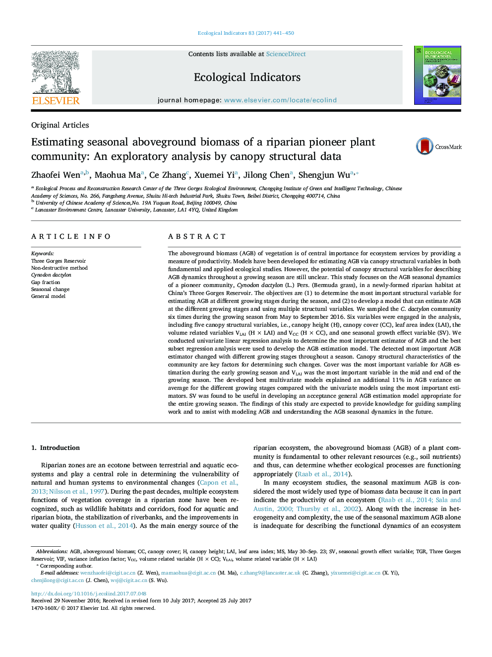 Original ArticlesEstimating seasonal aboveground biomass of a riparian pioneer plant community: An exploratory analysis by canopy structural data