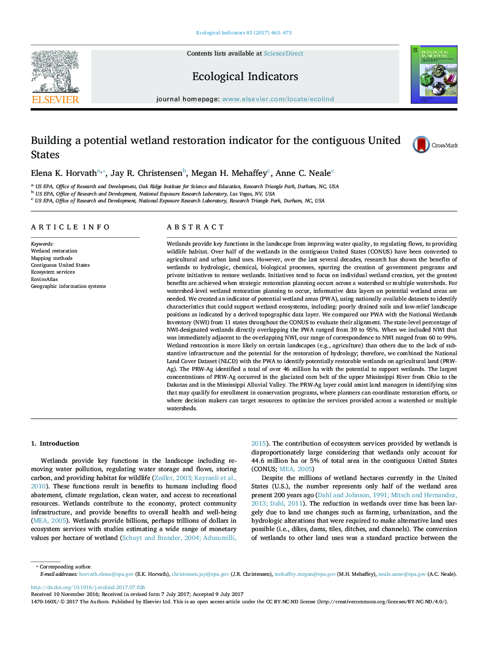 Building a potential wetland restoration indicator for the contiguous United States