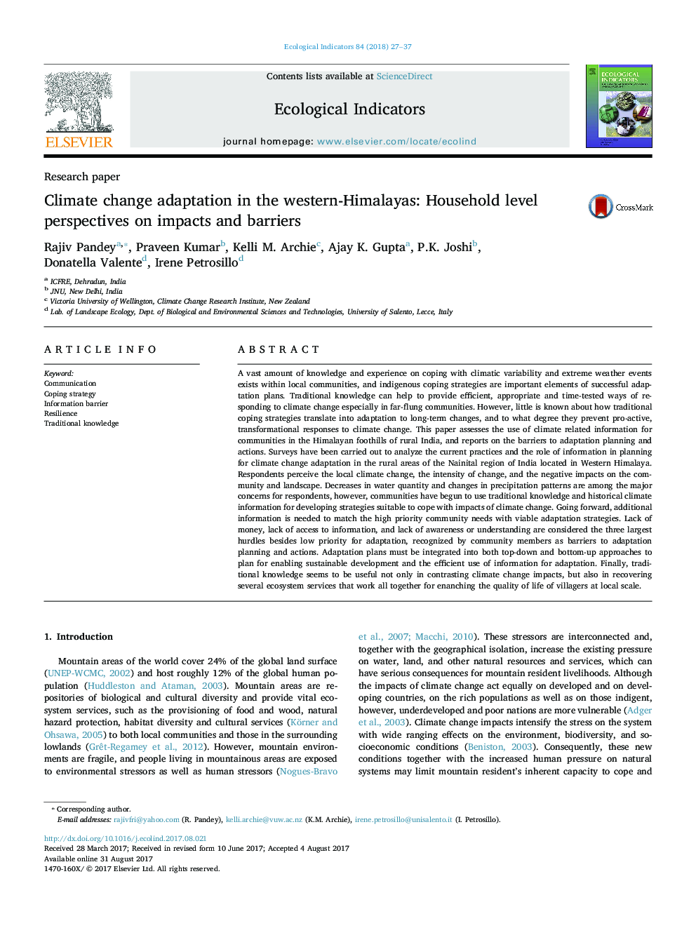 Research paperClimate change adaptation in the western-Himalayas: Household level perspectives on impacts and barriers