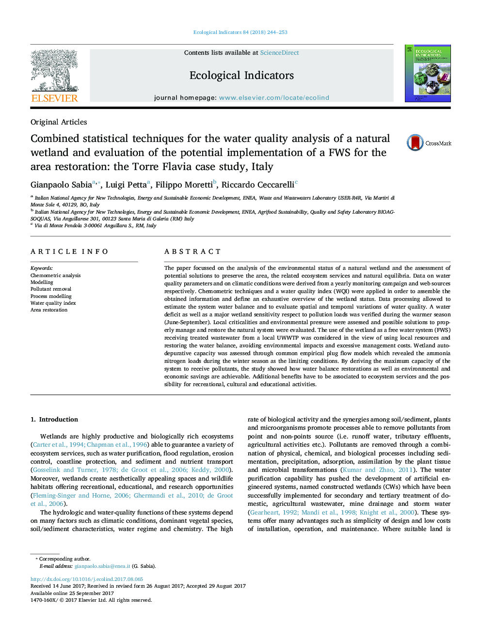 Original ArticlesCombined statistical techniques for the water quality analysis of a natural wetland and evaluation of the potential implementation of a FWS for the area restoration: the Torre Flavia case study, Italy