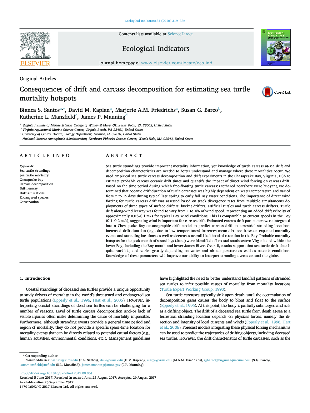 Original ArticlesConsequences of drift and carcass decomposition for estimating sea turtle mortality hotspots